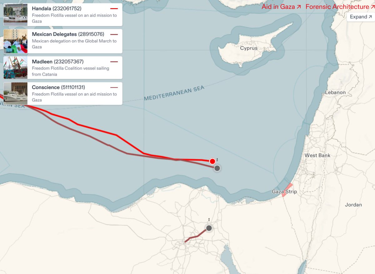 Maxime_DaSilva_'s tweet image. En marron, le #Madleen où Israël a kidnappé l'équipage.
En rouge, le #Handala qui se rapproche du même point.
C'est LE moment d'appeler @jnbarrot et @EmmanuelMacron à exiger le passage du Handala jusqu'à #Gaza !
#AllEyesOnHandala #StopGenocide