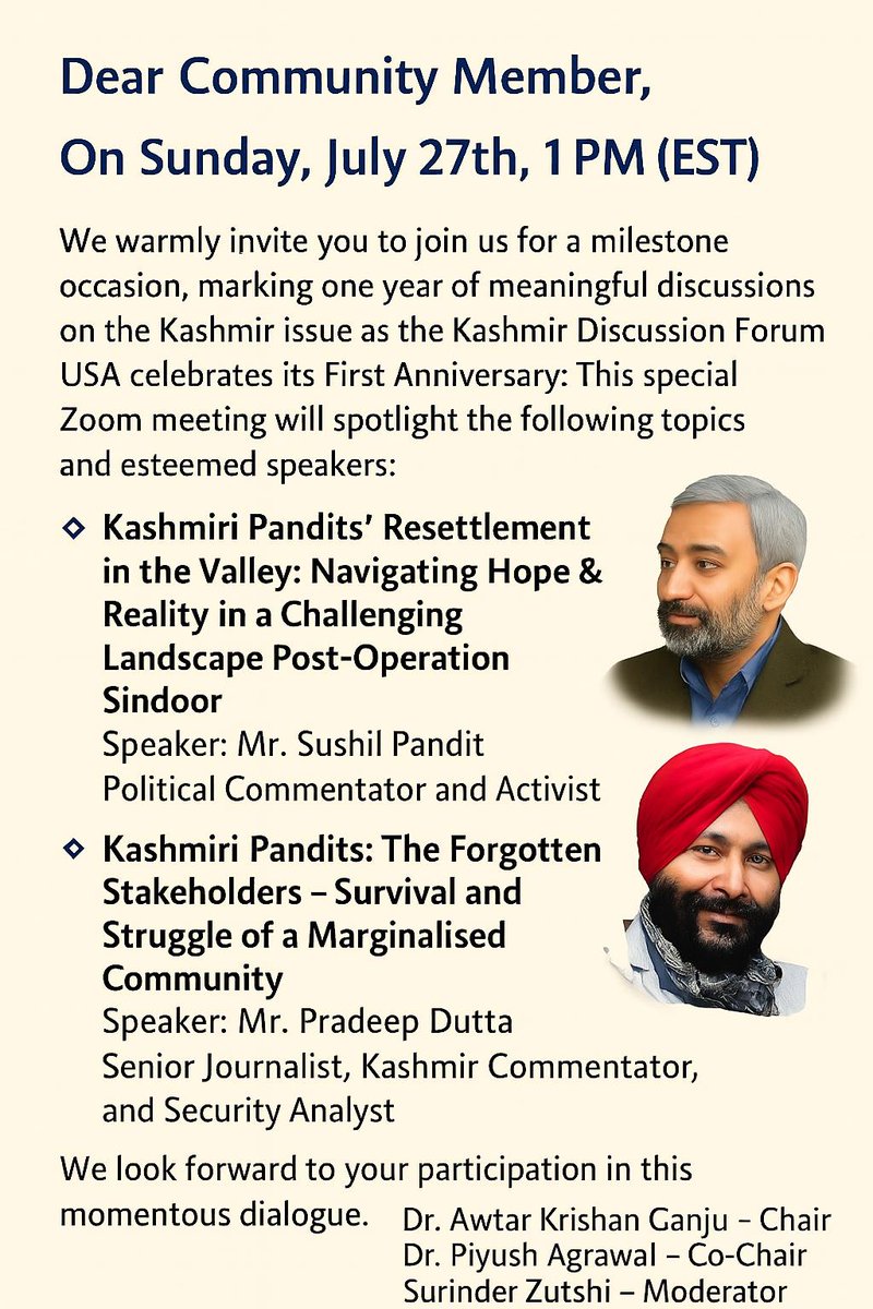 deepduttajourno's tweet image. It is a profound honor & privilege for me to be invited by US-based Kashmir Discussion Forum to share my thoughts on topic: Kashmiri Pandits: The Forgotten Stakeholders - Survival and Struggle of a Marginalized Community - on July 27 at 10:30 PM IST.