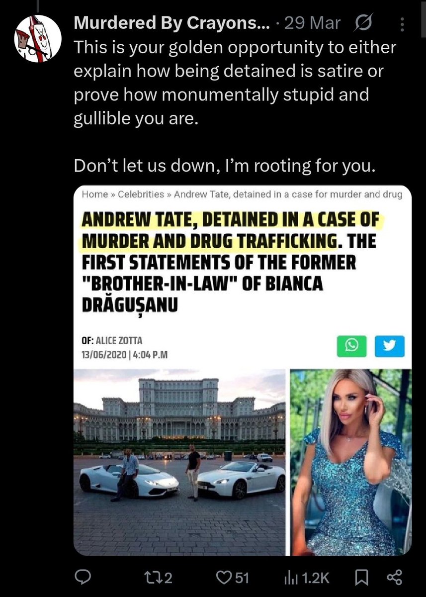 t8information's tweet image. This headline is false. Never happened. 

Never was reported on any official romanian news site.

CrayonMurders [defendant] tried to use this against Andrew Tate in a tweet.

If you Google this headline, it will not appear because it is clearly false.

Hope this helps everyone🙏