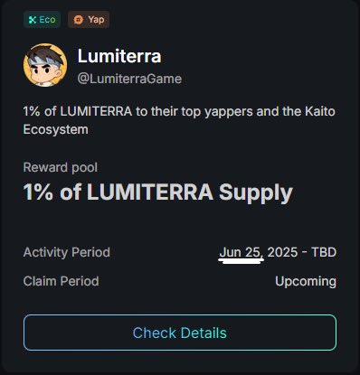 Louis_crypt's tweet image. Yesterday makes exactly 1 month since @LumiterraGame got listed on @KaitoAI and here is a summary of what has happened so far.
&lt;&gt;Lumiterra got listed on kaito on the 25th of June with 1% of the total supply is allocated for both yappers and kaito Eco.
&lt;&gt;The first phase of…