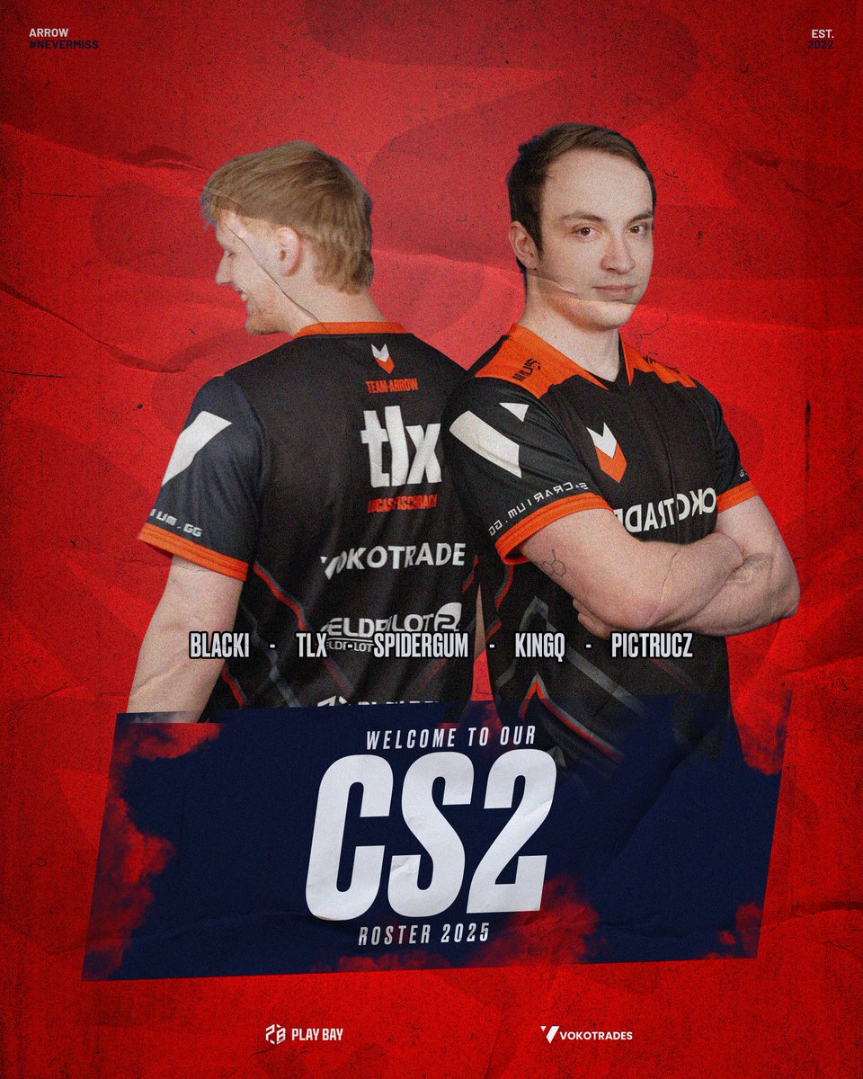 ARROW (@arrowdotgg) on Twitter photo Es ist soweit – Zeit, euch unser aktuelles CS2-Team vorzustellen! 💥
🏹<a href="/BlacKiCS2/">ARROW BlacKi</a>
🏹<a href="/tlxcs/">ARROW tlx</a>
🏹<a href="/SpidergumCS/">Spidergum 🍉</a>
🏹<a href="/kinqje/">kinQ</a>
🏹<a href="/Pictrucz/">Pictrucz</a>
Mit diesen Jungs greifen wir wieder in der SPK1 der <a href="/dachcs/">DACH CS Masters</a> Masters an! 💪🔥
#NEVERMISS🏹 Es ist soweit – Zeit, euch unser aktuelles CS2-Team vorzustellen! 💥
🏹<a href="/BlacKiCS2/">ARROW BlacKi</a>
🏹<a href="/tlxcs/">ARROW tlx</a>
🏹<a href="/SpidergumCS/">Spidergum 🍉</a>
🏹<a href="/kinqje/">kinQ</a>
🏹<a href="/Pictrucz/">Pictrucz</a>
Mit diesen Jungs greifen wir wieder in der SPK1 der <a href="/dachcs/">DACH CS Masters</a> Masters an! 💪🔥
#NEVERMISS🏹