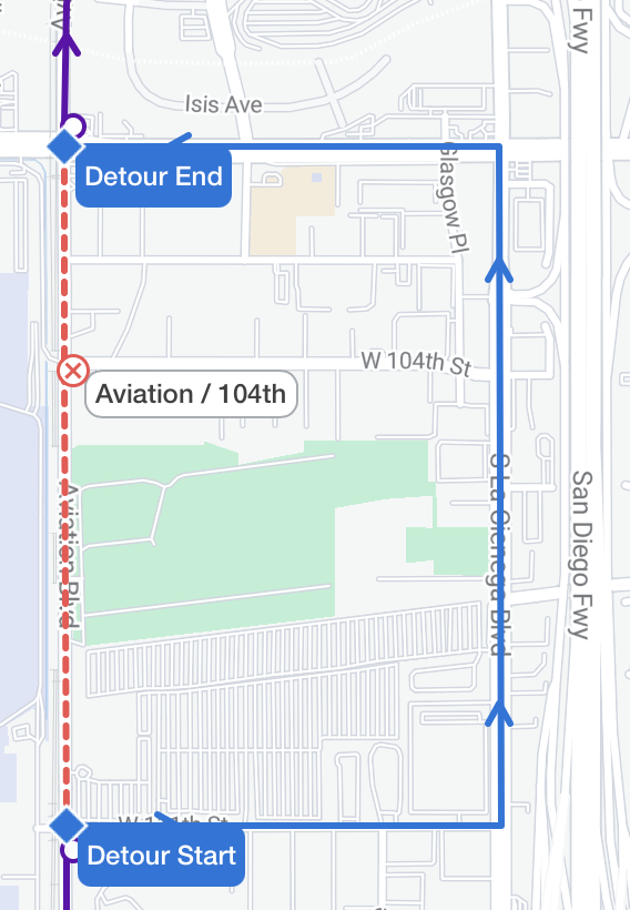 metrolaalerts's tweet image. LINES 120 and 232: Buses to LAX/Metro Transit Center will detour from Aviation Blvd to La Cienega Blvd, between 111th St and Century Blvd, on Saturday, July 26, from 6am to 6pm, due to construction.