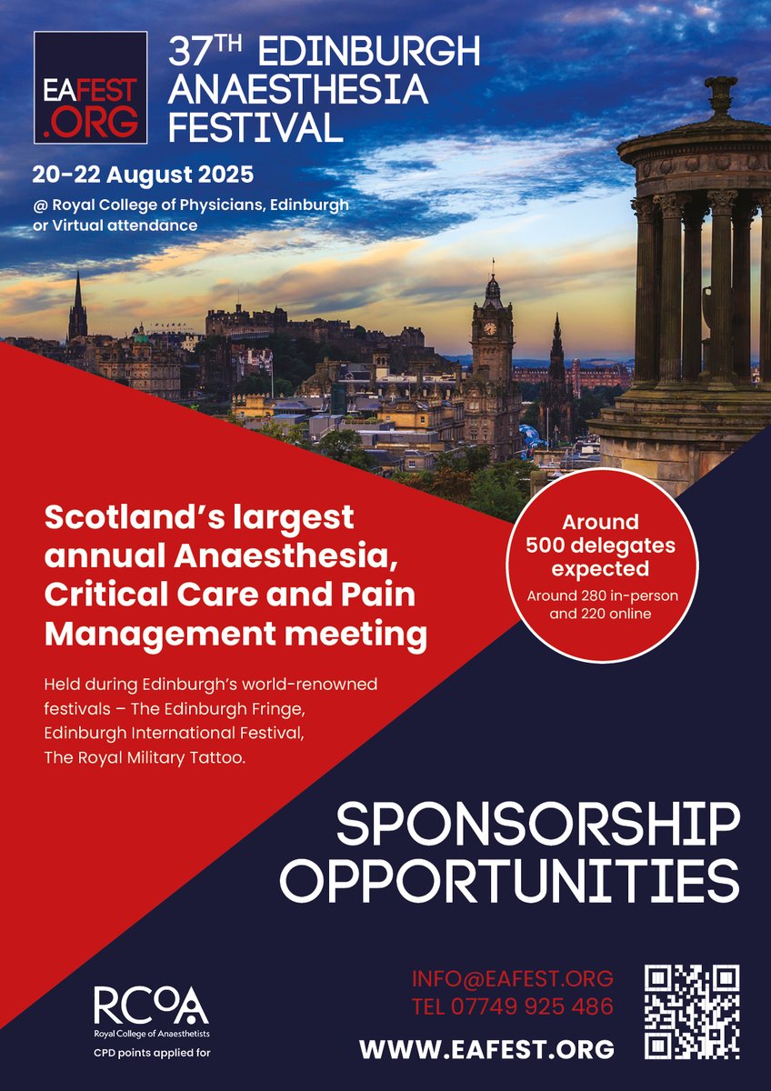 SPONSORSHIP OPPORTUNITIES:  (£200 discount if booked by 8 Aug) @ Scotland's largest annual ANAESTHESIA, CRITICAL CARE &amp; PAIN MGT conference:
             The Edinburgh Anaesthesia Festival  
                                      eafest.org 
Held in Edinburgh on 20-22