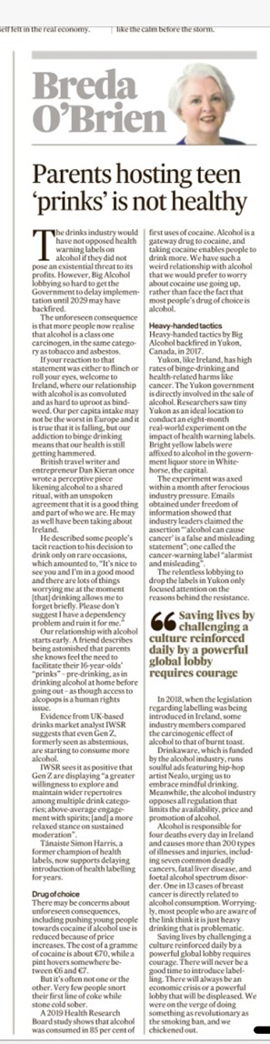 AlcoholIreland's tweet image. Thoughtful article @IrishTimes
'There will always be an economic crisis or a powerful lobby that will be displeased. We were on the verge of doing something as revolutionary as the smoking ban, and we chickened out.'
@CarrollJennifer @MichealMartinTD @SimonHarrisTD