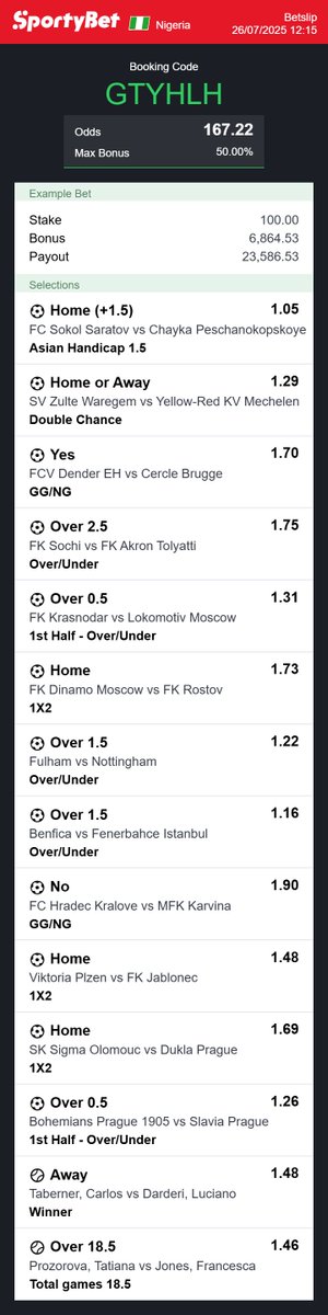 Hey check out the bet I just placed on Sportybet! 

Code: GTYHLH

<a href="/Mrbankstips/">MrBanks💰</a> 
<a href="/CHIZZY_BB/">CHIZZY_BB</a> 
<a href="/sportybet/">SportyBet</a>
<a href="/SportyBetNG/">SportyBetNG</a> 
<a href="/officialmoore7/">Moore Tips</a> 

sportybet.com/?shareCode=GTY…