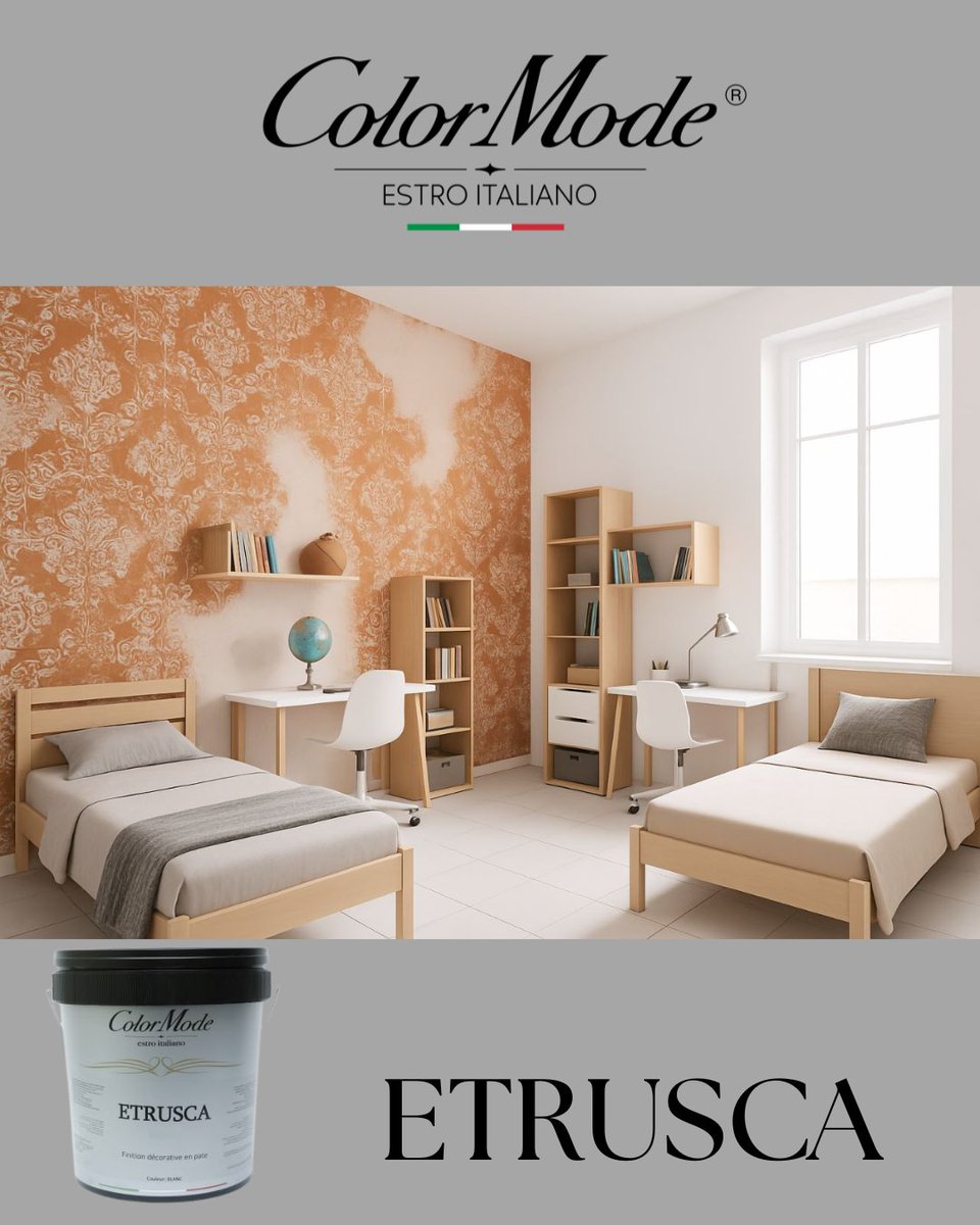 color_mode16's tweet image. 🎨 إيتروسكا من كولور مود – لمسة أنيقة 
دهان إيتروسكا الإيطالي الفاخر يمنح الجدار الرئيسي لمسة مميزة بتركيبته الفريدة .
مثالي لغرف المراهقين، بنمط عصري وراقي يناسب الذكور والإناث.
🖌️ اختيارك المثالي للتميز.

#colormode #etrusca #gamme #peinture #grossiste #جملة #algeria #home