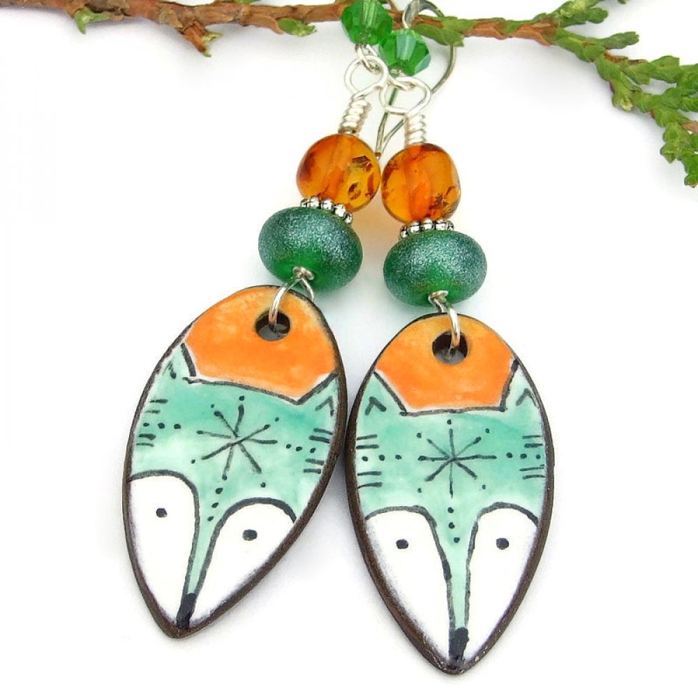 Fun Artisan Hand-painted Ceramic #Fox Face #Earrings w/ Lampwork &amp; Real #Amber!  via <a href="/ShadowDogDesign/">Catherine</a> #ShopSmall #Handmade #FoxLover #FoxEarrings     bit.ly/RenardSD