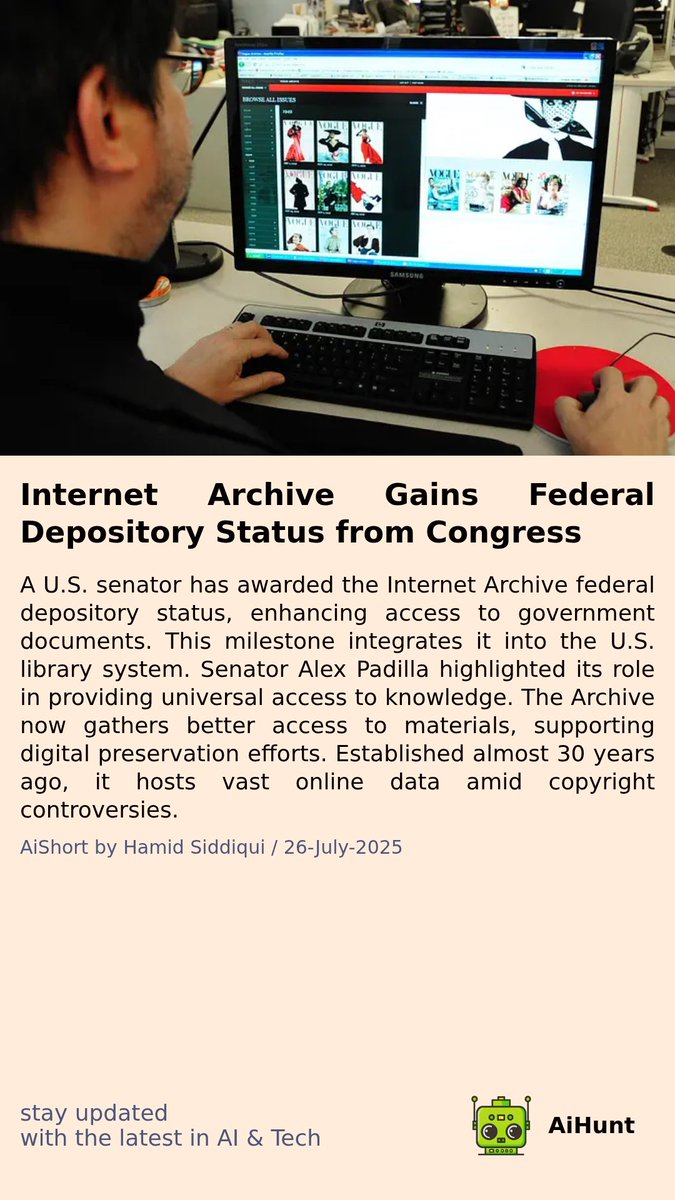 aihuntapp's tweet image. A historic move is reshaping access to knowledge! 📚✨ A U.S. senator has just granted a key status to a vital online resource. What does this mean for our digital future? Dive into the details and unveil the implications! 🤔💻 #KnowledgeAccess #DigitalPreservation