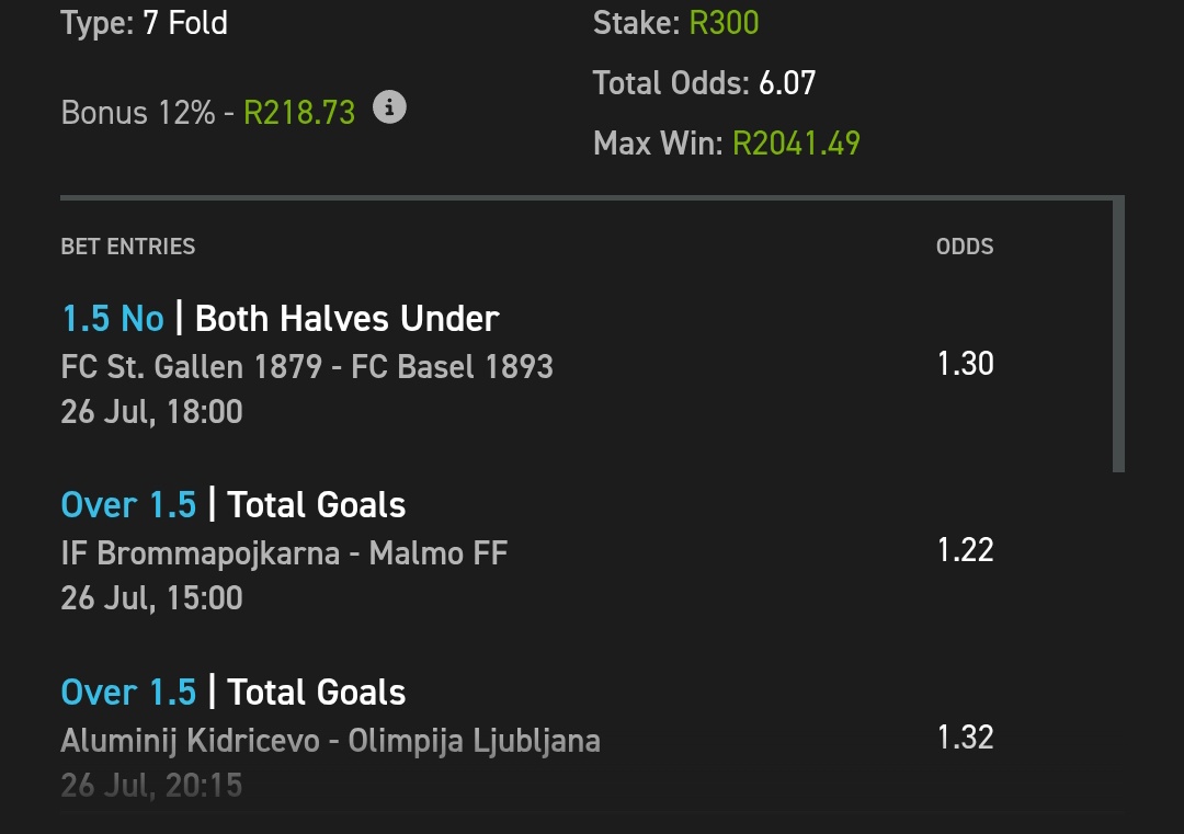 tembisaonlyn's tweet image. 6 odds @Easybet_SA
✅Copy my bet:easybet.co.za/sports?bookedB…
✅Code:326046
R500 first bet Match
💥 Place your first sports bet of just R50 or more, and we’ll match it with up to R500 in Bonus Bets 💥
Register using my Promo code TUMI50
👉ebpartners.click/o/4yinkR?lpage…
18+ T&C's apply