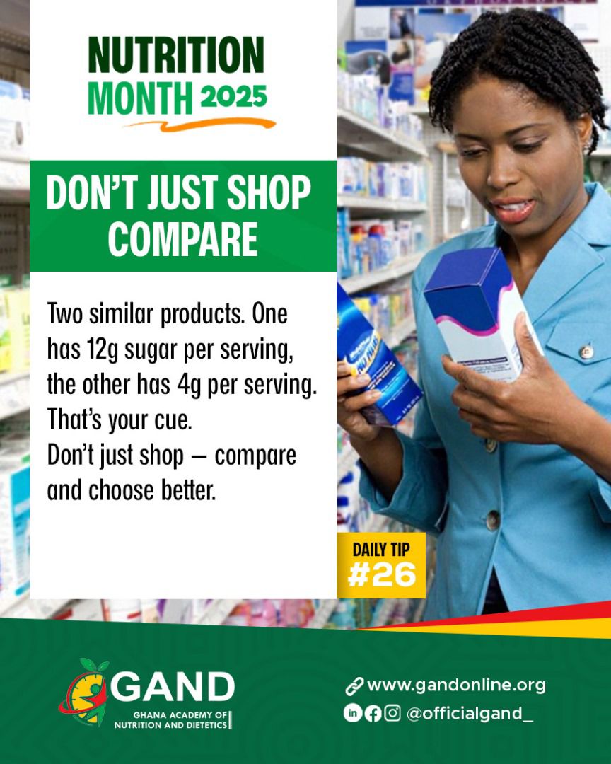 🟢 Day 26 - Nutrition Tip

“Don't just shop, compare ”

Take the time to compare and select the option that aligns better with your health goals.

#GANDNutritionMonth2025 #HealthyChoices #NutritionMatters