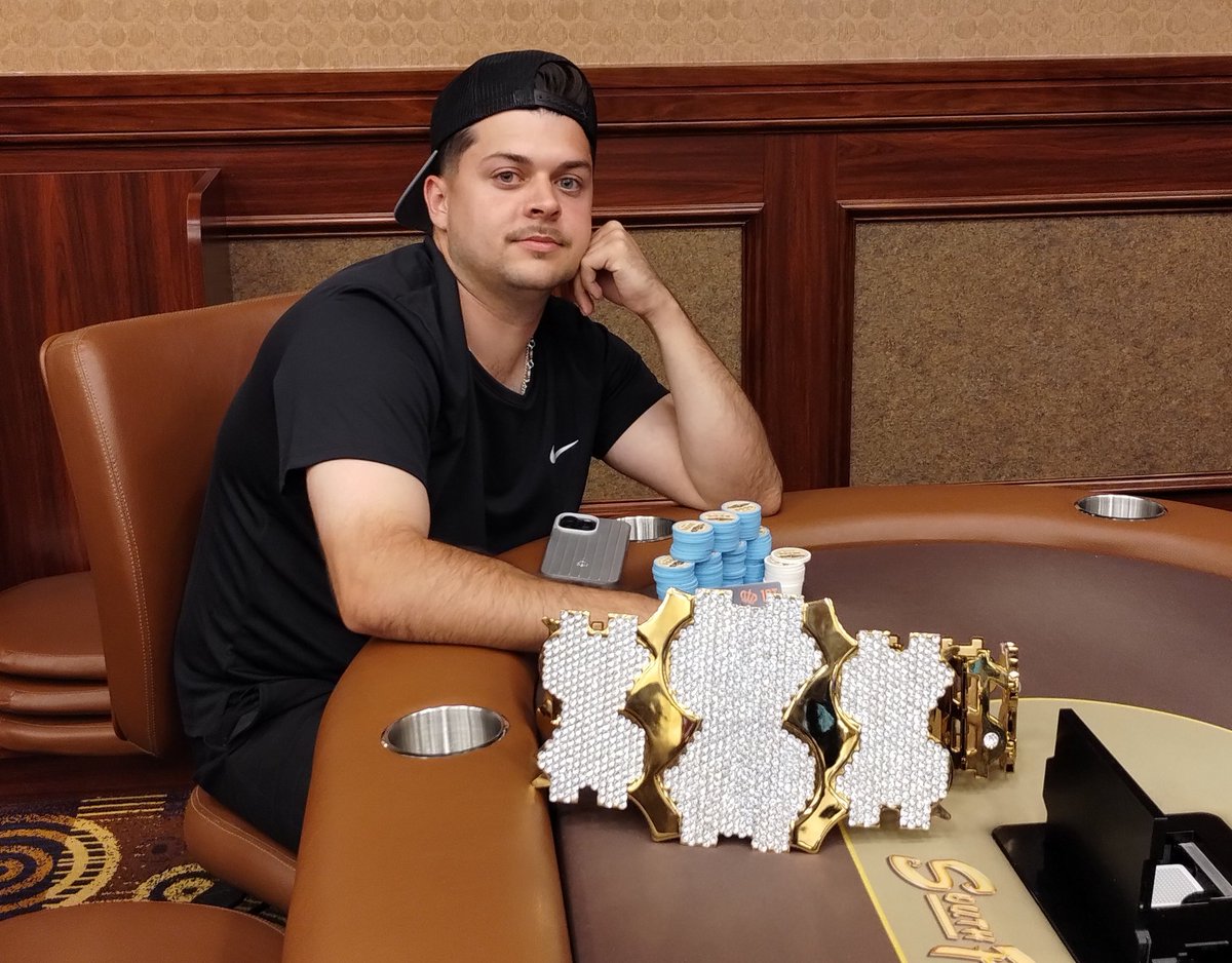 SPPokr's tweet image. Joseph crushing the pineapple 🍍 game 2 weeks in a row. A 2nd last week and tonight he was a winner. He takes home $1549, the medallion and a photo with the championship belt. Thanks to all who supported another successful event at @southpointlv