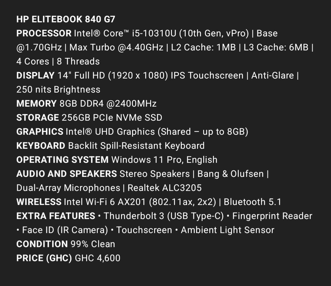 ThePlug_gh_'s tweet image. HP ELITEBOOK 840 G7
SPEC SHEET IN FIRST FRAME.
PRICE: GHC 4,600
CALL OR WHATSAPP ON 0204384385.
PLEASE REPOST.
CATALOG IN PINNED TWEET.