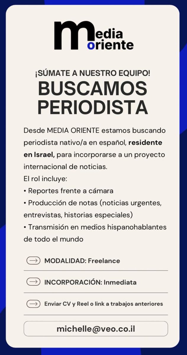 ¡Buscamos periodistas para seguir contando todo lo que sucede en Medio Oriente! Si hablas español nativo y vives en Israel, puedes postularte. 
¡Te esperamos! 
#Periodistas #Israel #BusquedaLaboral