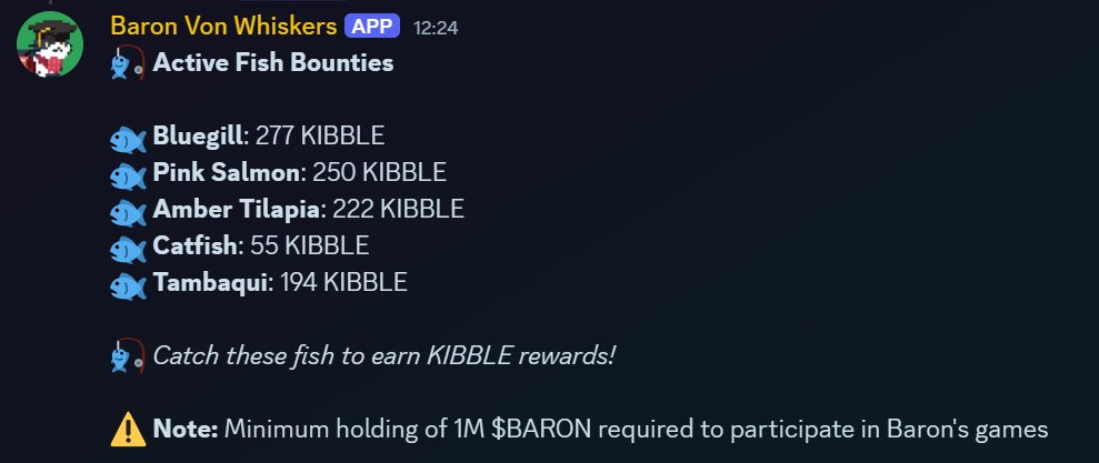 CatTownBase's tweet image. Baron is now automatically rewarding fishercats on the lake, pop into Telegram or Discord to see active bounties.

The first fishercat to catch each of these fish will automatically be rewarded with the help of @CoinbaseDev&apos;s wallet APIs to distribute rewards automatically.…