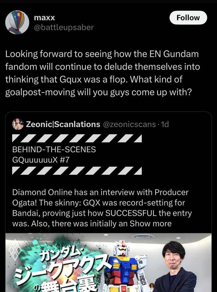 effthingy's tweet image. GQX really is the MCU of Gundam. it's got multiverses, meaningless cameos, is bad, and the fans are also the biggest sore winners on earth. despite huge commercial success and praise from general audiences, they're still enraged and obsessed that some people online don't like it