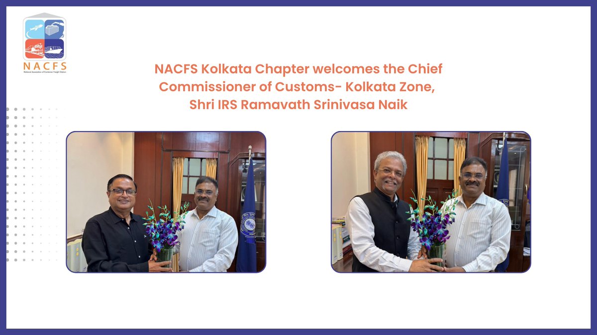 A warm welcome to Shri IRS Ramavath Srinavasa Naik, Chief Commissioner of Customs, Kolkata on behalf of our National President <a href="/prasri/">Prabina</a> and Chairman - Kolkata Chapter, <a href="/ajcpil/">ashutosh Jaiswal</a>.
<a href="/cbic_india/">CBIC</a> <a href="/FinMinIndia/">Ministry of Finance</a> <a href="/kolkata_customs/">Kolkata Customs</a>

#IndianCustoms #CBIC #logisticsindia #logistics