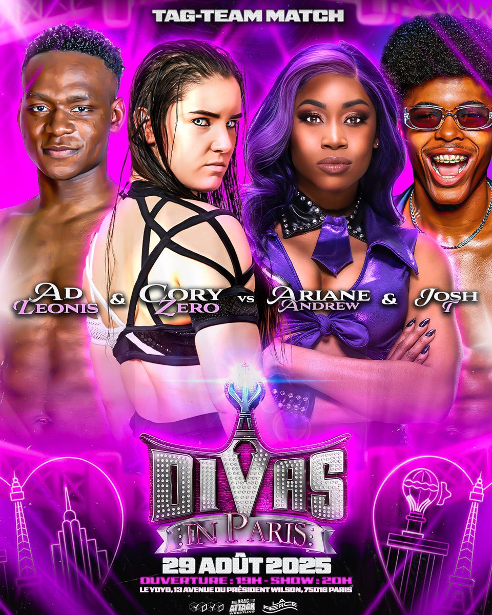 CatchenFranco's tweet image. Drag Attack Wrestling a annoncé un match par équipe pour leur show DIVAS IN PARIS qui aura lieu le 29 août au Yoyo dans le 16eme arrondissement de Paris.
AD Leonis et Cory Zero affronteront Josh T et Ariane Andrew AKA Cameron ex WWE.
La billetterie est encore disponible…