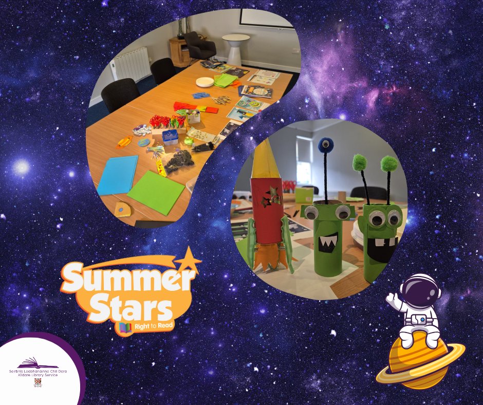 kildarelibrary's tweet image. Our budding artists were in #NewbridgeLib to get creative with our Arts and Crafts theme &quot;Space&quot;. 
Aisling showed the children how to make rockets and little aliens with craft paper and toilet rolls.
They took a rocket to mars and said hello to E.T!🚀
