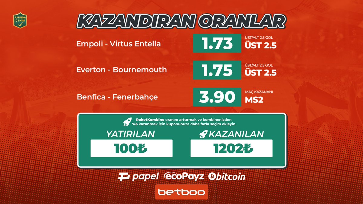 boonedirya's tweet image. 🔥 Betboo’da KOMBİNE BAHİSLER İLE GÜNÜN KUPONU!🔥
💰 Kombine bahislerinden elde edeceğin kazanç RoketKombine ile katlanacak! Her gün 3 veya üzeri seçimli kombine bahis yap, %100’e varan oranlarla ekstra nakit fırsatı kazan. RoketKombine ile kazancını göklere çıkart!
📳 Güncel…