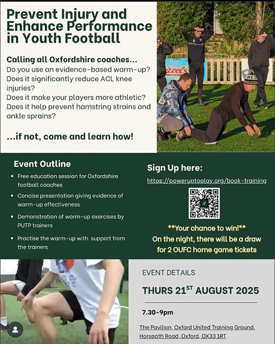 𝗜𝗻𝗷𝘂𝗿𝘆 𝗣𝗿𝗲𝘃𝗲𝗻𝘁𝗶𝗼𝗻 | Our friends @PowerUptoPlay are hosting an in-person workshop in partnership with @OUFCCommunity - ideal for coaches across the county.

Book at bit.ly/454DTRj 

📆 21 Aug
⏰ 7.30-9pm
📍 The Pavilion, OUFC Training Ground