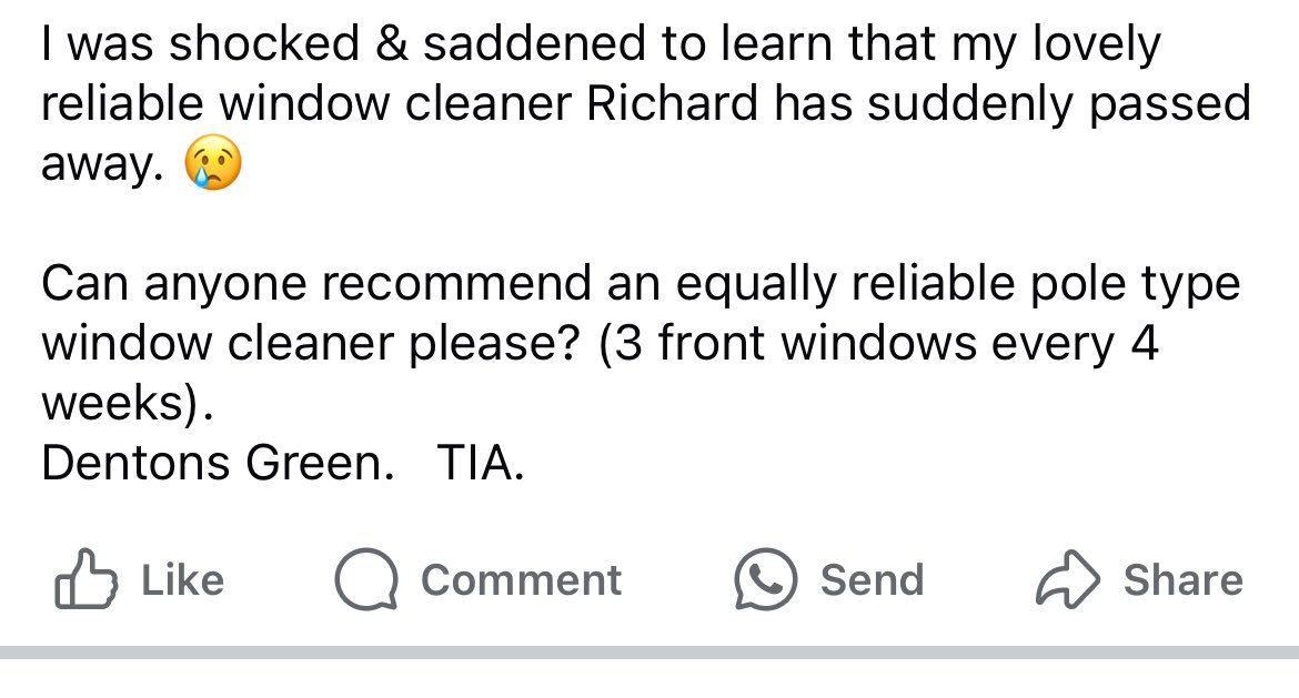 On my local FB community page today. “Jayne” quickly got over her grief and put everything in context 🤣