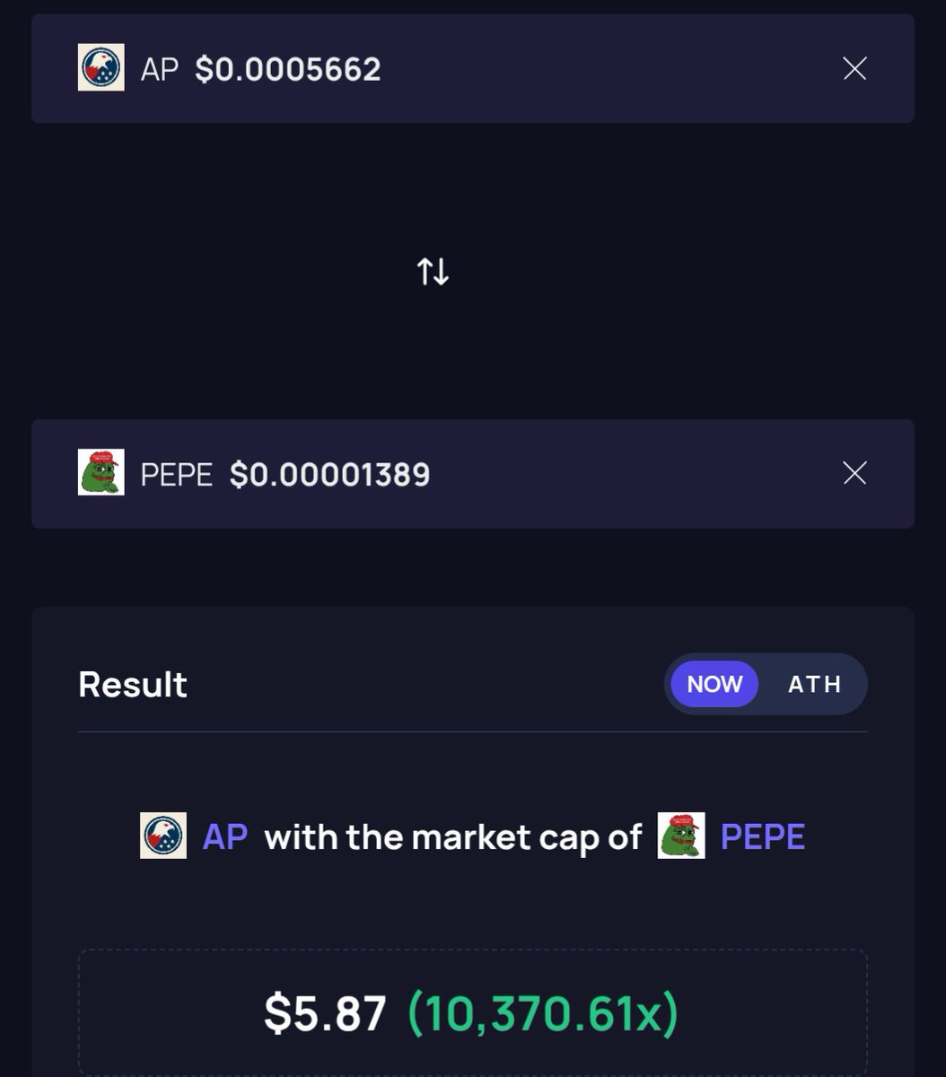 cubicshade's tweet image. A thousand x would also do.... Right?
Or 10,000x?
🤝
$AP --> $PEPE