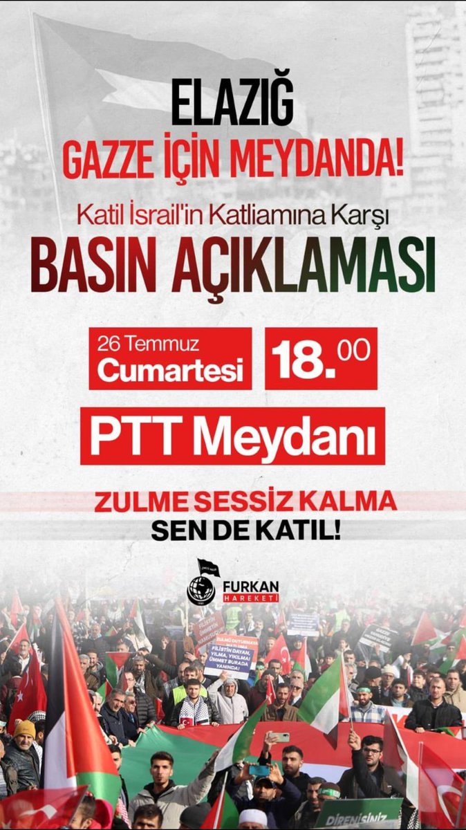 Safımız net!

Ne soykırımcı İsrail 
Ne soykırımcıya fon sağlayan Müslüman idareciler!

Haydi hep beraber Gazzeli kardeşlerimizin yanında olduğumuzu gösterelim!

Gazzeİçin Meydanlardayız
#GazzeAçlıktanÖlüyor
#FurkanHareketi