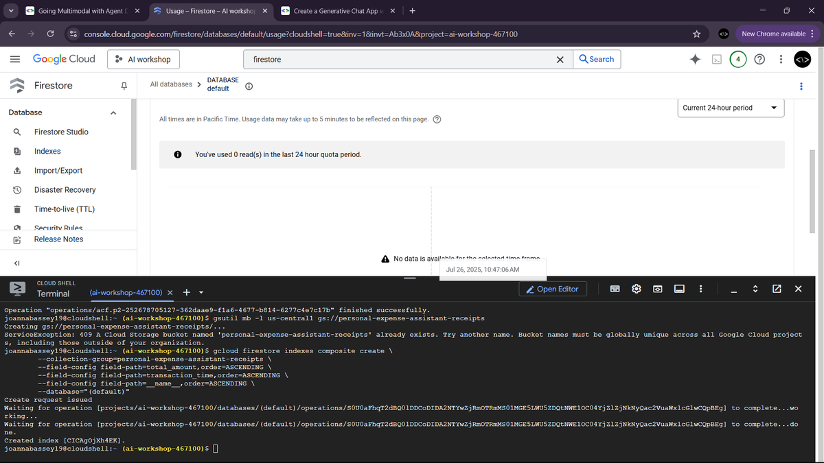 Bassey_Joanna's tweet photo. Just indexed like a pro!
From 0 reads to a Firestore composite index party — all powered by Cloud Shell &amp; a few terminal spells ⚡️💻
#GoogleCloud #Firestore #BWAI #TechTwitter
🔥 Who said dev magic isn’t real? @AltSchoolAfrica https://t.co/GC4CXx84Hk