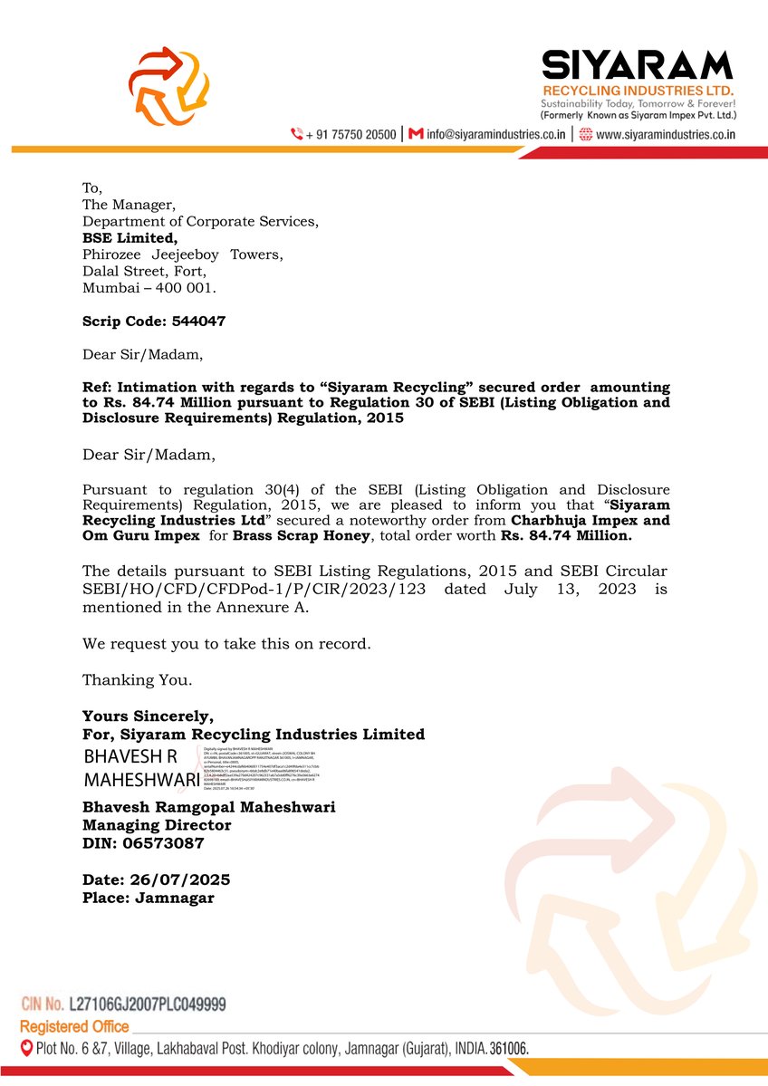 nileshkurhade's tweet image. 📌 Siyaram Recycling Industries Ltd informed the exchange about securing a noteworthy order for Brass Scrap Honey, total order worth Rs. 84.74 Million. This includes an order from Charbhuja Impex for Brass Scrap Honey worth Rs. 66.08 Million and from Om Guru Impex for Brass Scrap…