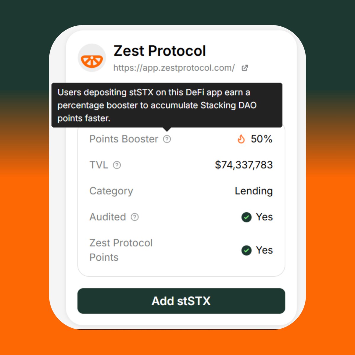 PrinceTroyC's tweet image. Something a lot of people forget:
Supplying stSTX on @ZestProtocol doesn’t just earn you yield
It also gets you a 50% boost in StackingDAO points, plus 1 point per $1 per day in Zest.
That means your stSTX isn’t just stacking, it’s compounding
You’re earning on it, borrowing…