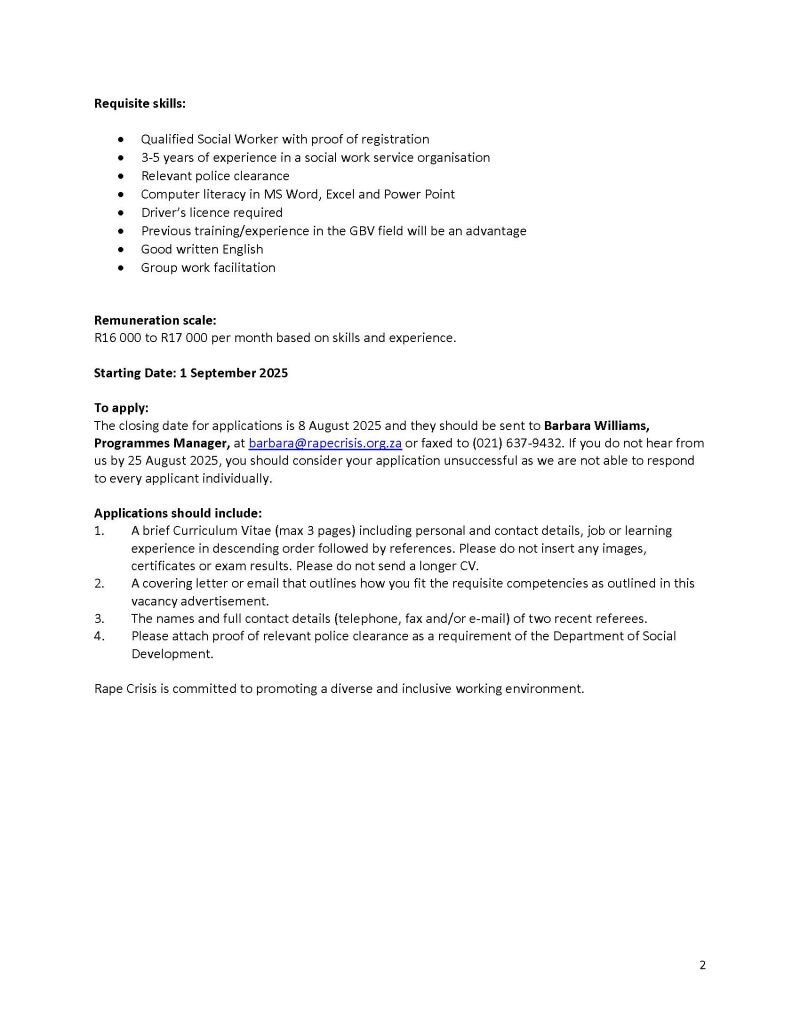 RMakukuli's tweet image. Rape Crisis Cape Town Trust
✅️ Counselling Social Worker
Rape Crisis is looking for a full-time Counselling Social Worker to join our team.
If you are a registered Social Worker passionate about supporting survivors, this could be the role for you.
The position is based…