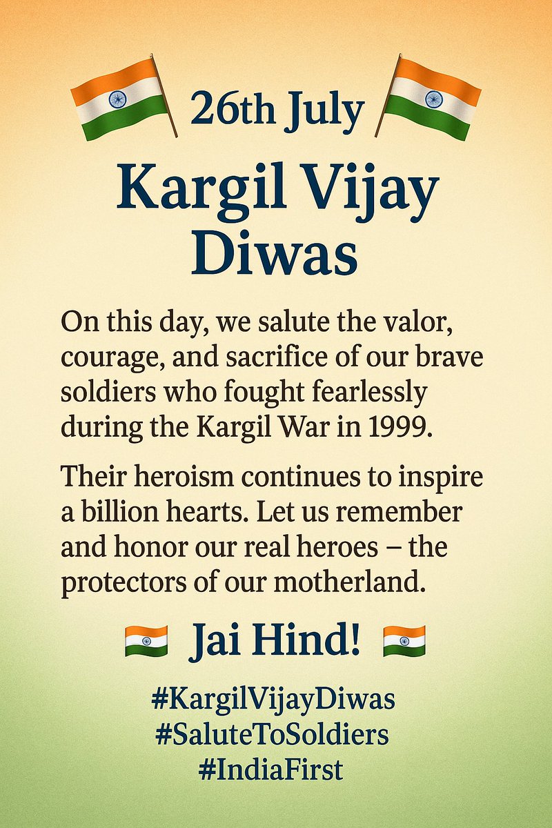 Yashwanth Mountaineer 🇮🇳 (@yashwanth_6) on Twitter photo 26th July – Kargil Vijay Diwas 🇮🇳
Real heroes live forever in our hearts.
Respect. Honor. Gratitude. 🙏
#KargilVijayDiwas #IndianArmy #JaiHind 🇮🇳
<a href="/Sid22461Sid/">Sid</a>
<a href="/CVAnandIPS/">CV Anand IPS</a>
<a href="/adgpi/">ADG PI - INDIAN ARMY</a> 26th July – Kargil Vijay Diwas 🇮🇳
Real heroes live forever in our hearts.
Respect. Honor. Gratitude. 🙏
#KargilVijayDiwas #IndianArmy #JaiHind 🇮🇳
<a href="/Sid22461Sid/">Sid</a>
<a href="/CVAnandIPS/">CV Anand IPS</a>
<a href="/adgpi/">ADG PI - INDIAN ARMY</a>