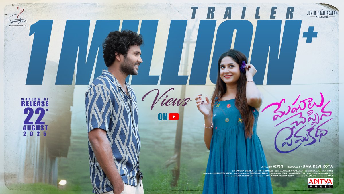 adityamusic's tweet image. From Valparai to your hearts – 1 million and counting 🌧💕
The musical love story #MeghaaluCheppinaPremaKatha crosses 1️⃣M+ views on YT✨
-- youtu.be/_ZkAdECfyeg
#MCPK in cinemas from August 22nd 📽
@NareshAgastya #RabiyaKhatoon @realradikaa @sumantalwars @justin_tunes…