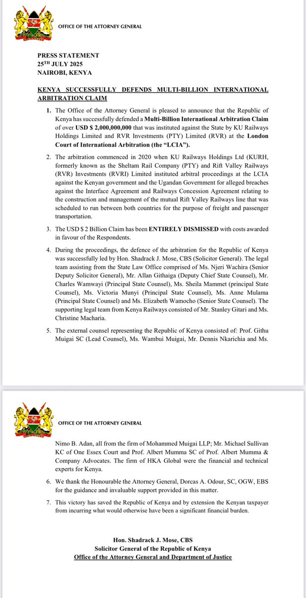 Congratulations to team #Kenya on the successful #arbitration result against RVR at the London Court of International Arbitration (LCIA)

Notable mention for my friend <a href="/Nkarichia/">Nkarichia</a>, an emerging legal titan in Kenya, with whom we are going to take over East Africa in the next decade