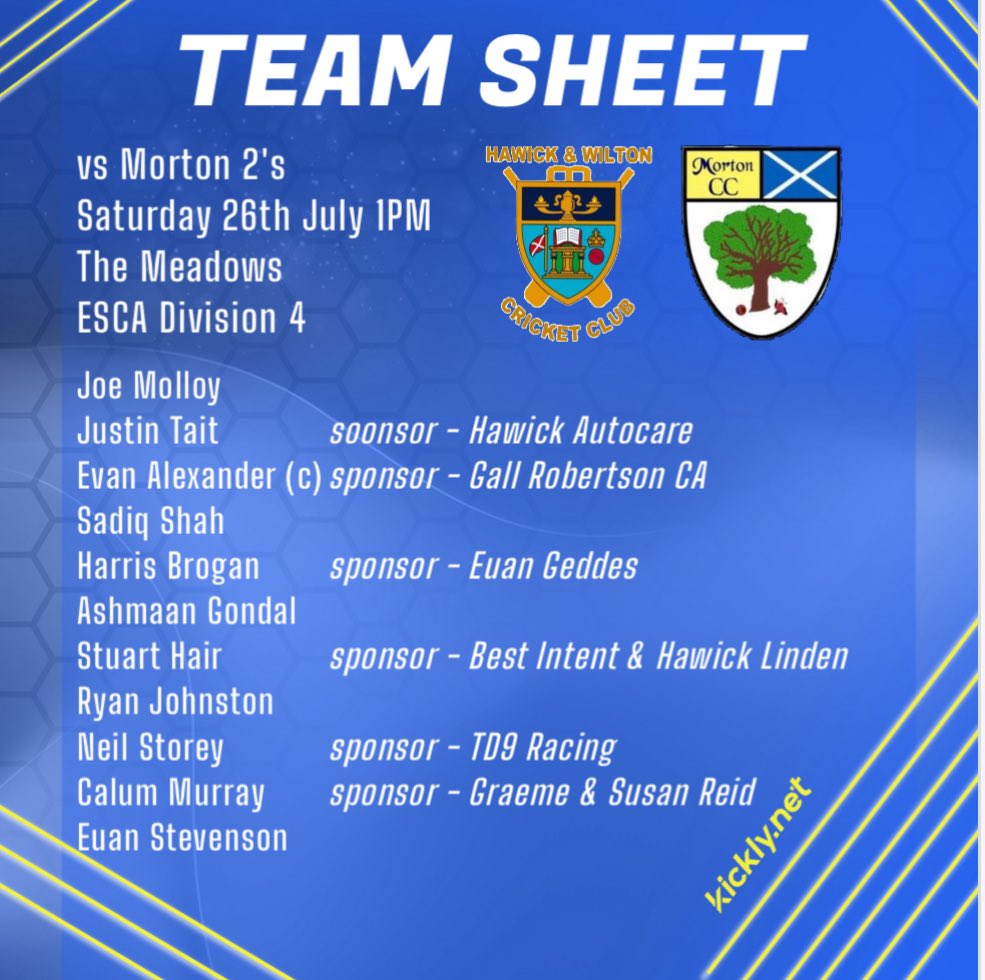🏏 TEAM NEWS

The Hawick team that will be making the journey to Edinburgh to take on Morton, as we look to extend the gap between us in second to the rest in the league.