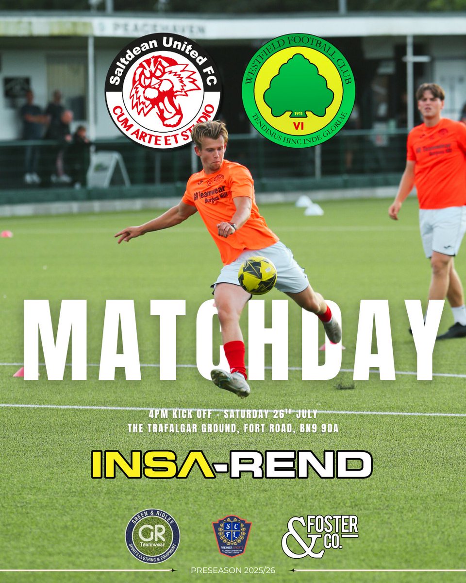 Saltdeanfc's tweet image. β½ MATCHDAY π @WestfieldFC9
The last home match of our preseason schedule sees us host Westfield this afternoon.
β°οΈ 4PM Kick Off
π The Trafalgar Ground, BN9 9DA
Good luck lads! #COYT π―