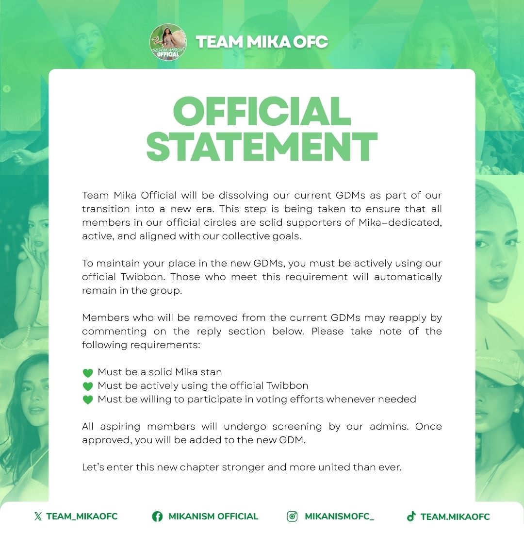 team_mikaofc's tweet image. A FRESH START FOR A STRONGER TEAM

Team Mika OFC is entering a new era with updated GDM guidelines to ensure our community remains active, united, and dedicated to supporting Mika. This transition marks an important step in strengthening our circle and fostering a space built on…