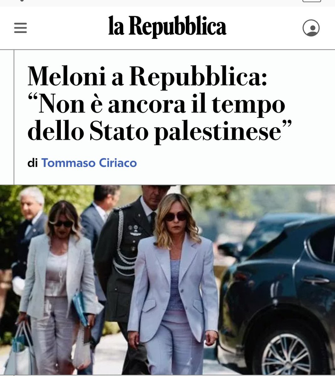 #Meloni: “Siamo a favore dei due Stati ma solo al termine di un processo". Quale processo, il genocidio dei palestinesi? La loro deportazione? La creazione di un campo di concentramento ? D'altronde questa è l'erede politica di quello che mandava gli ebrei ad Auschwitz.