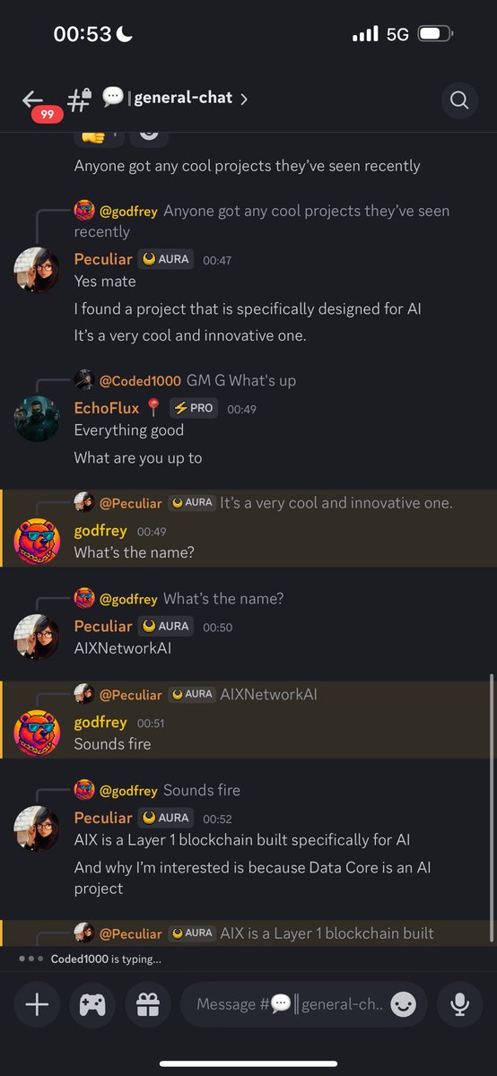 Peequliarr's tweet image. I was spreading the word of @AIXNetworkai in an AI project community yesterday and they are yet to launch. 

The founder (Godfrey) picked interest in AIX. 

AIX has gud tek.