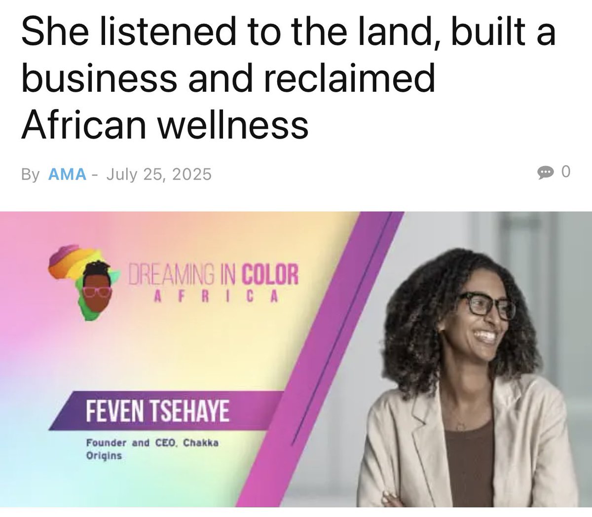 Zemedeneh's tweet image. “She listened to the land, built a business and reclaimed African wellness”, a great story of a young Ethiopian woman entrepreneur, Feven Tsehaye, founder of Chakka Origins. 

Chakka sources directly from Ethiopia’s vast biodiverse forests.

newsghana.com.gh/she-listened-t…