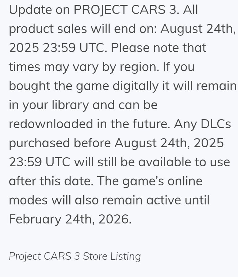 fennelyguy's tweet image. Project Cars 3 will be delisted on August 24th, 2025

The online services will be shut down on February 24th, 2026

#ProjectCars3