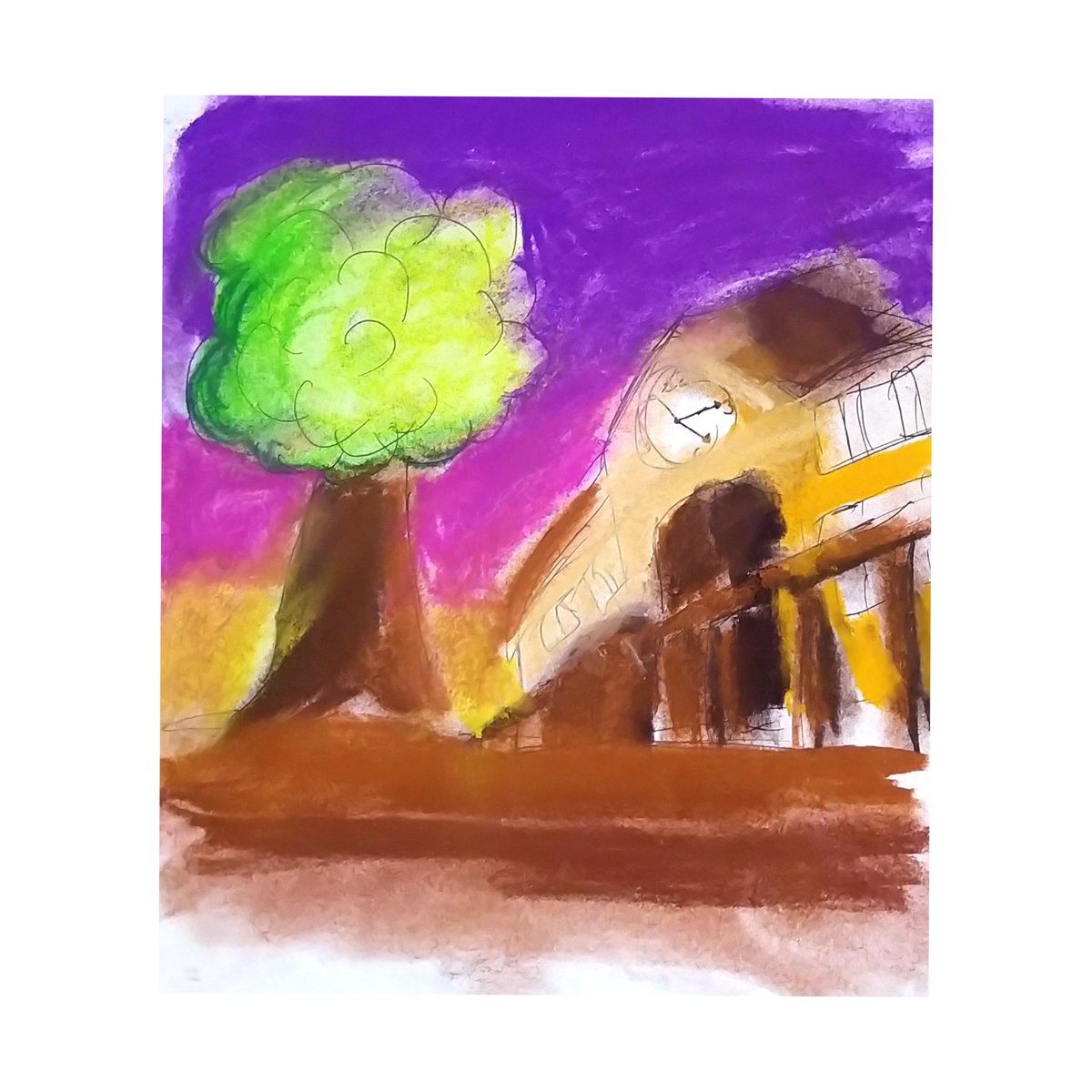 TarangSinha's tweet image. The kid is trying soft pastels. I loved it until he coloured the sky purple. I made a face, and he said, ‘What? You don't like baingani?’
‘I don't like baingani.’
But, I couldn't even manage this. It was all smudged when I tried.