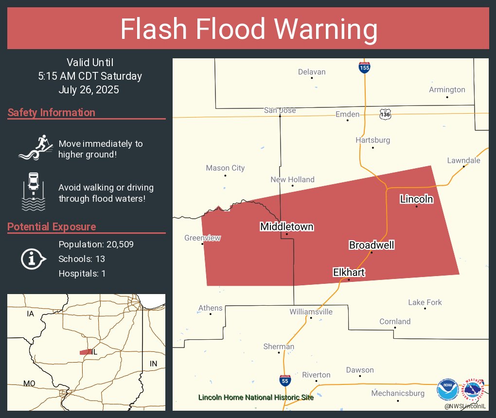 NWSFlashFlood's tweet image. Flash Flood Warning including Lincoln IL, Elkhart IL and Middletown IL until 5:15 AM CDT