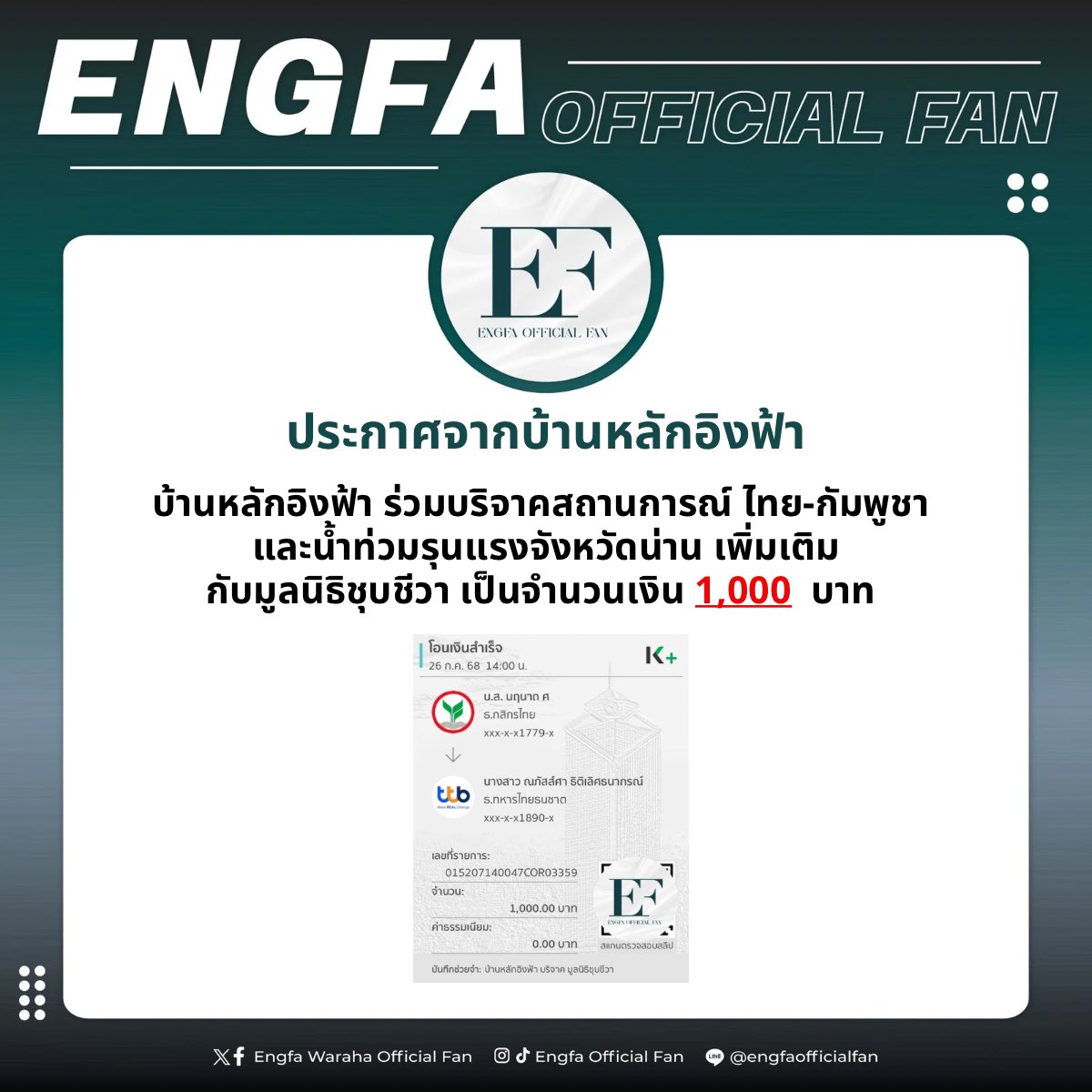 engfadom's tweet image. 🚨(เพิ่มเติม) สรุปยอดบริจาคสถานการณ์ ไทยกัมพูชาและน้ำท่วมรุนแรงจังหวัดน่าน เพิ่มเติม 🚨
หลังจากเวลาปิดยอดบริจาคยังคงมียอดบริจาคเข้ามาอีก 1,000 บาท ทางบ้านหลักอิงฟ้า ขออนุญาตบริจาคให้กับมูลนิธิชุบชีวา ในนามแฟนคลับ "อิงฟ้า วราหะ" ค่ะ…