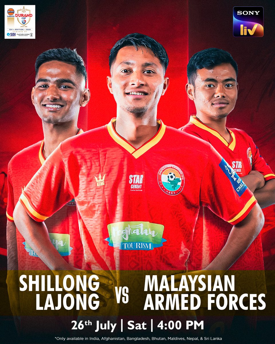 SonyLIV's tweet image. Last year’s semi-finalists return to their fortress for #DurandCup2025 🏟️
Can Shillong Lajong hold the line against the Malaysian Armed Forces marching in? 👀
Watch Shillong Lajong FC 🆚 Malaysian Armed Forces FT in #134thEditionofIndianOilDurandCup - LIVE on #SonyLIV 📲