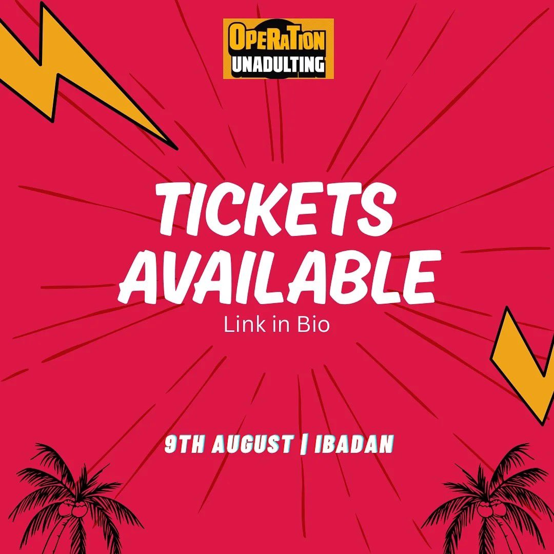 ‘OPERATION UNADULTING’ is happening in Ibadan!!!

Date: 9th August, 2025
Venue: 25 Awolowo Road, Old Bodija, Ibadan. (Opposite
GTCO Ebranch)
Time: 11am
Ticket: 5k (Link to Tickets &gt;&gt; whatadeal.events/events/operati…)

Grown but tired? Us too! Come and breathe, play, laugh, and just chill.