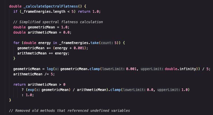 Falling in love with math and sticking to it was the best accident of my life.
10hrs straight, using formulas like this, working lately totally on sound and how audio can be refined in multiple platforms —
(pic: spectral flatness formula for mobile app(flutter))
