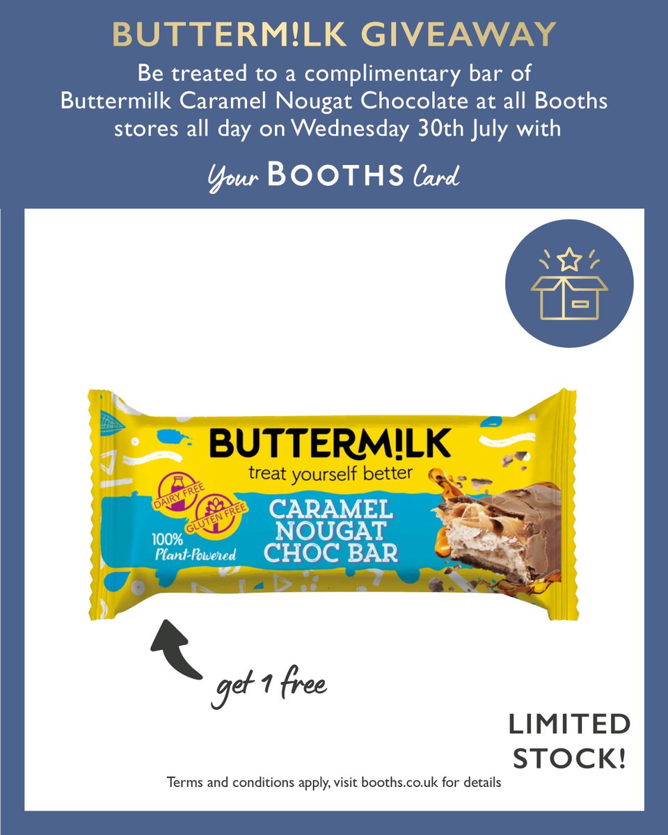 BoothsCountry's tweet image. Our next Booths Cardholder giveaway is this Wednesday 30th July with a complimentary bar of Buttermilk Caramel Nougat Chocolate! 😋
If you don't have a Booths card you're too late for this giveaway, sign up online to take advantage of future freebies brnw.ch/21wUrrs