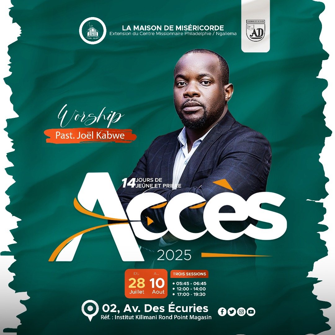 🎼WORSHIP À ACCÈS 2025

Accès c’est aussi une atmosphère de profonde adoration !  

Le Pasteur Joël Kabwe 😍 nous conduira dans la présence de Dieu à travers un temps de worship puissant.  

🗓 Du 28 Juillet au 10 Août  
📍 02, Av. des Écuries, Réf. : Institut Kilimani,