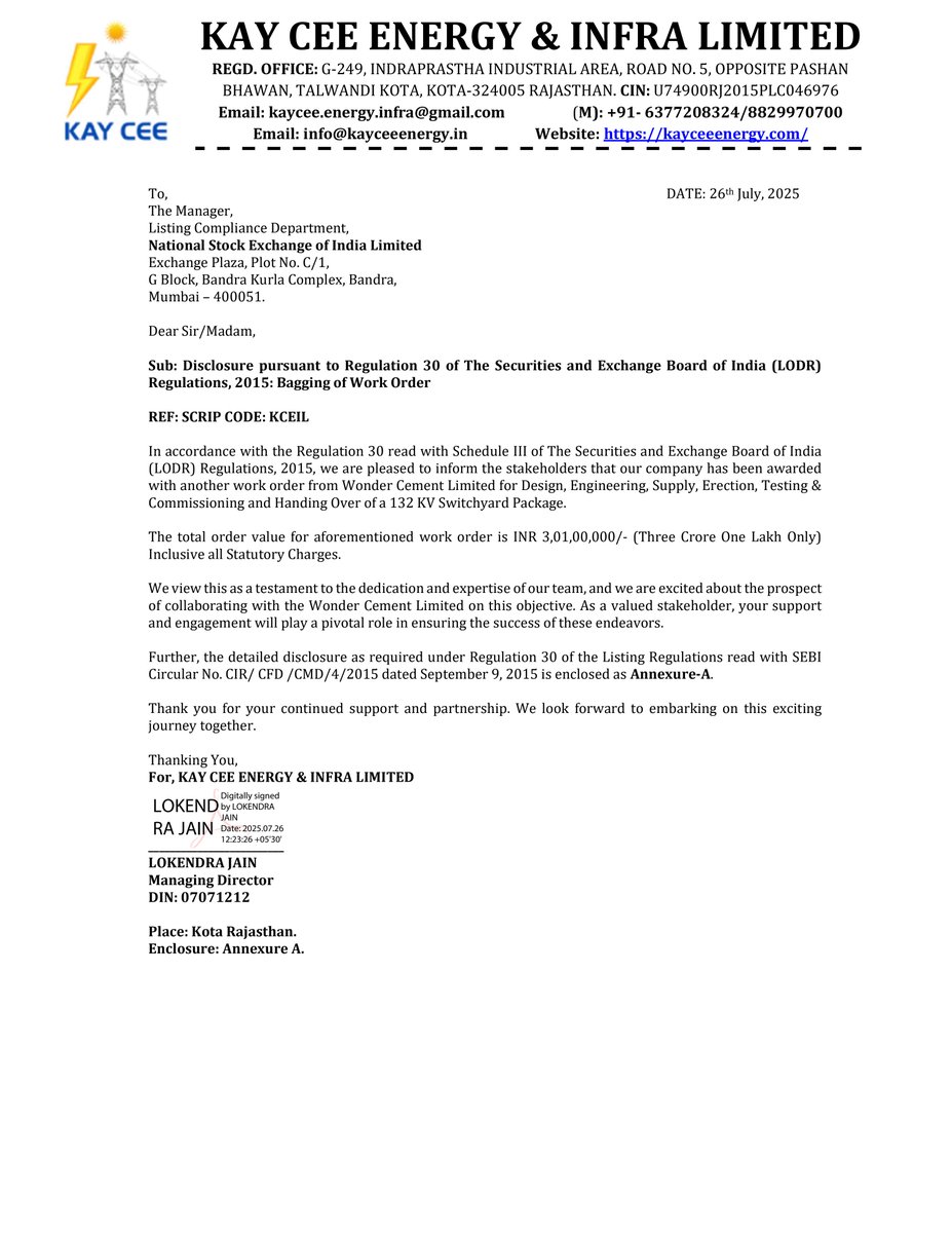 nileshkurhade's tweet image. 📌 Kay Cee Energy & Infra Limited informed the exchange about bagging of a work order from Wonder Cement Limited for Design, Engineering, Supply, Erection, Testing & Commissioning and Handing Over of a 132 KV Switchyard Package, with a total order value of INR 3,01,00,000/-…
